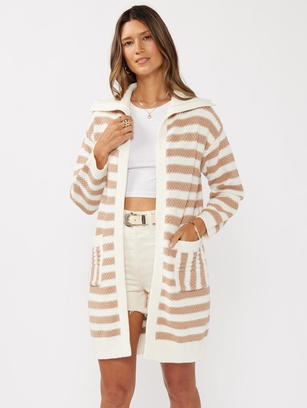 lovestitch Cream & Blue Striped Open-Front Cardigan.